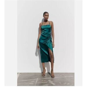 Zara Womens Slip Dress Lingerie style Midi XXL Teal Green Satin 8741/899 NWT